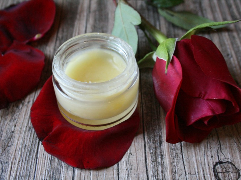 This homemade rose lip balm has a sweet taste of honey and a soft fragrance of rose-- nothing too overpowering. It's edible and free of any chemicals.