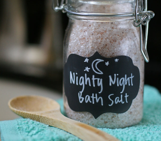 A really simple DIY bath salt recipe that contains sleep promoting ingredients for children, including a special kid-safe Nighty-night essential oil.