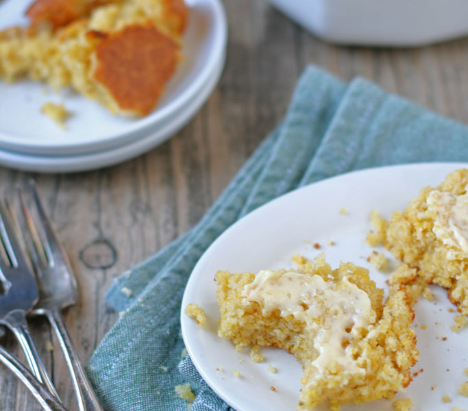 This moist maple cornbread is so amazing! The milk makes it moist, the maple syrup adds a hint of sweetness, and the medium grind cornmeal adds a crunch.